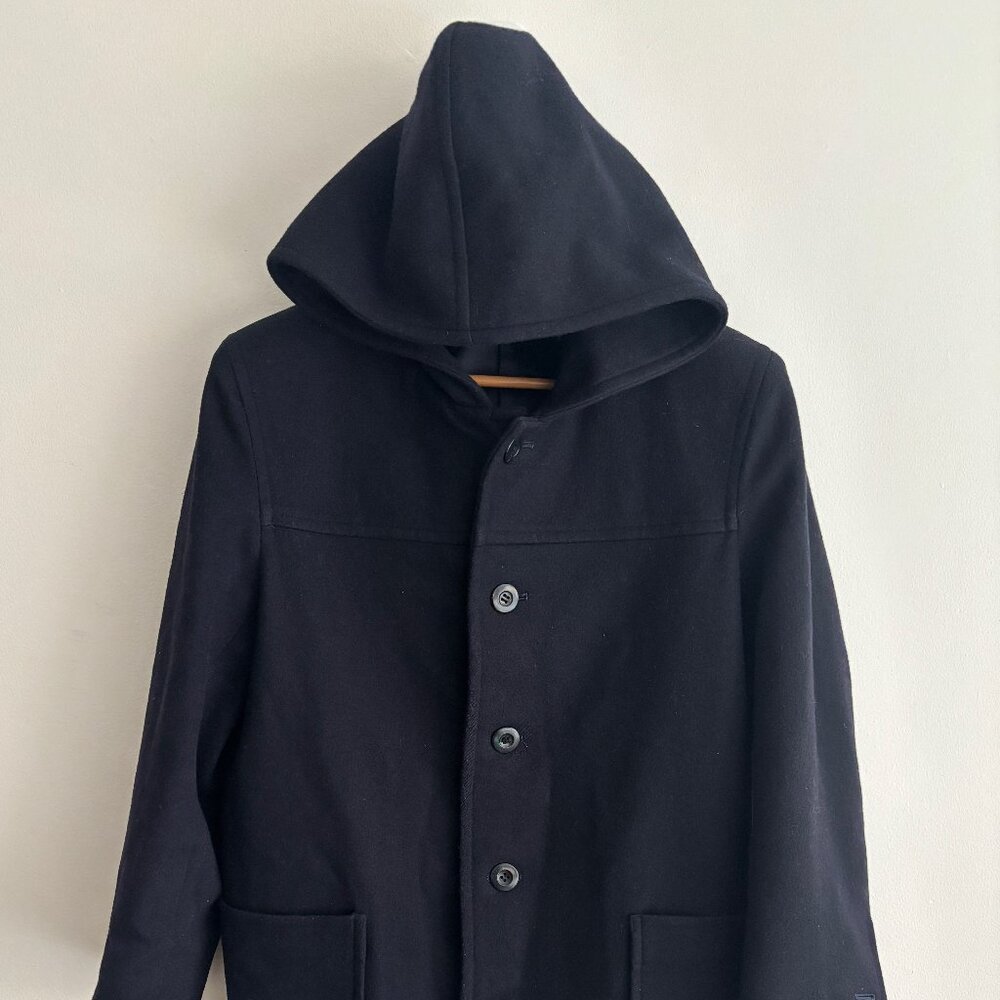 $550 Koji Watanabe Japan Zippy Navy Blue Wool Hooded Button up Jacket - Medium